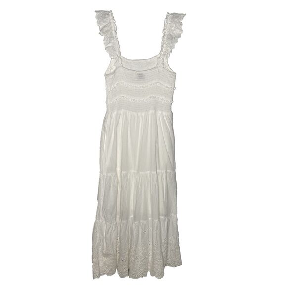 Hello Molly Maxi Dress Cotton Tiered Eyelet Smocked Pockets Sundress Sz 4 White - Picture 3 of 12